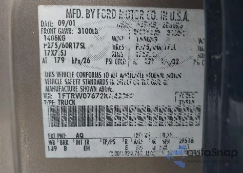 2002 Ford F-150 Lariat/Xlt из США, поврежденный, VIN 1FTRW07672KA42088